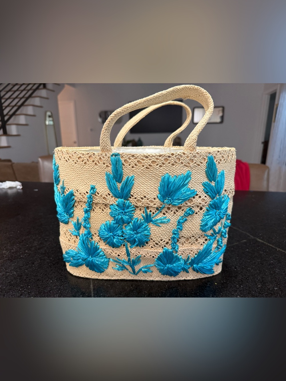 Vintage Raffia tote/beach bag with Raffia Floral Embroidered turquoise flowers